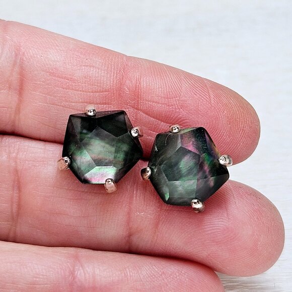 Rare Retired Kendra Scott Ellms Earrings Abalone Dichroic Silver Studs - Picture 3 of 8